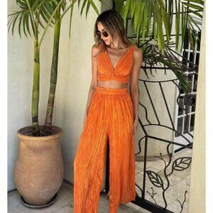 SABINA MUSAYEV Ross Plisse Pleated Wide Leg Pants Orange Womens Size Small